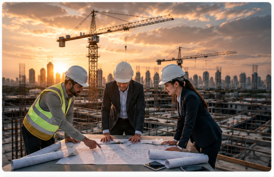 SOLI DEO partners reviewing construction plans on site
